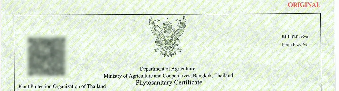 Thai phytosanitary certificate, Form P.Q. 7-1, issued by the Department of Agriculture, Ministry of Agriculture and Cooperatives, Bangkok — the Plant Protection Organization of Thailand