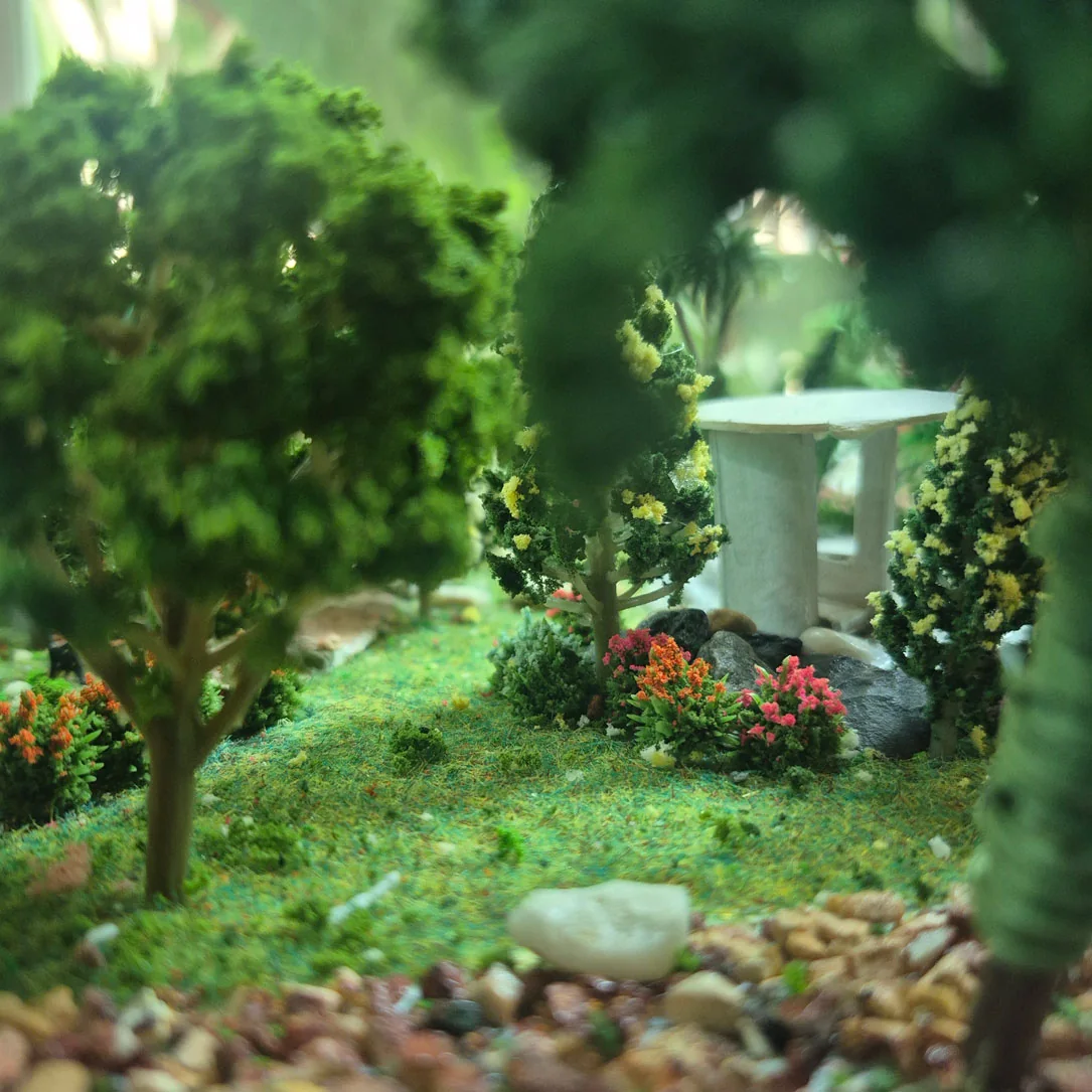 Physical landscape model showing planting, paths and garden structure