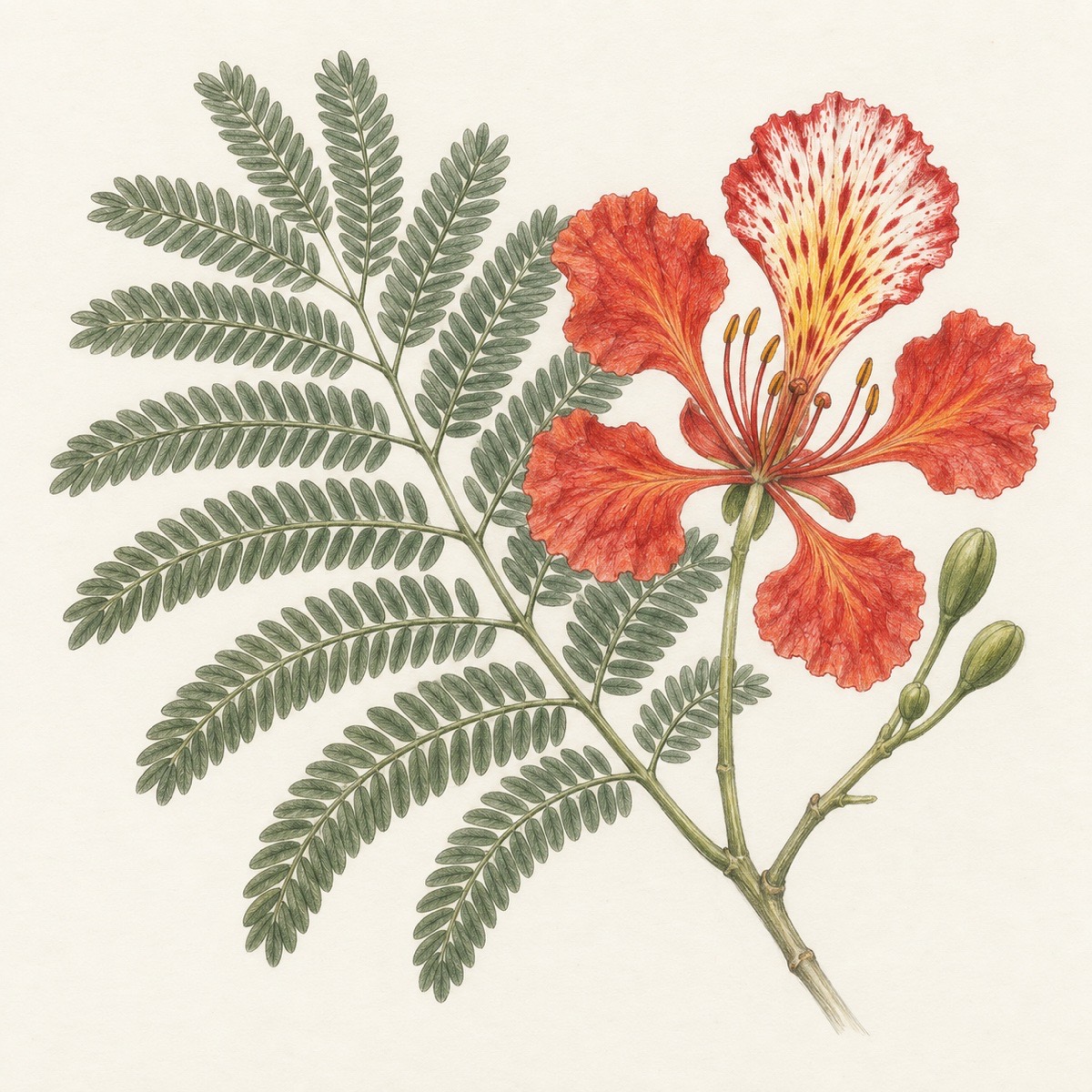 Pencil botanical study of Delonix regia