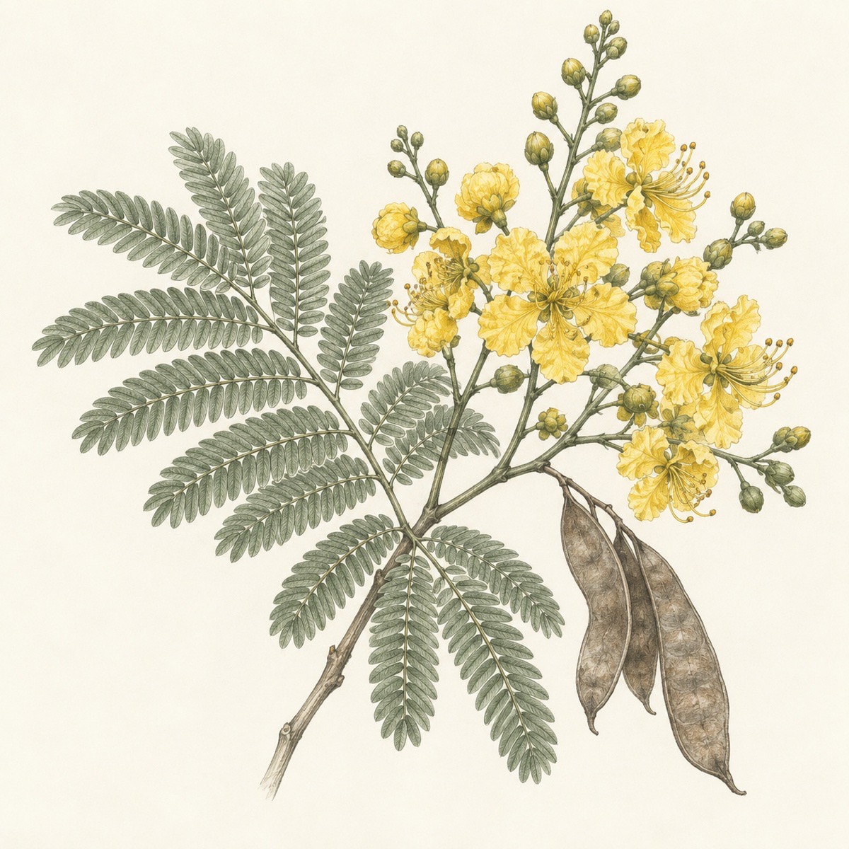 Pencil botanical study of Peltophorum pterocarpum