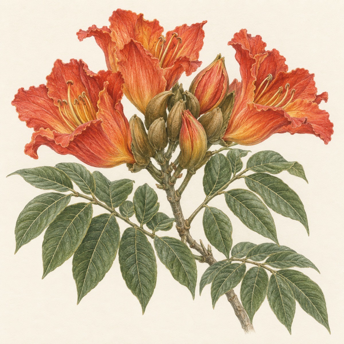 Pencil botanical study of Spathodea campanulata