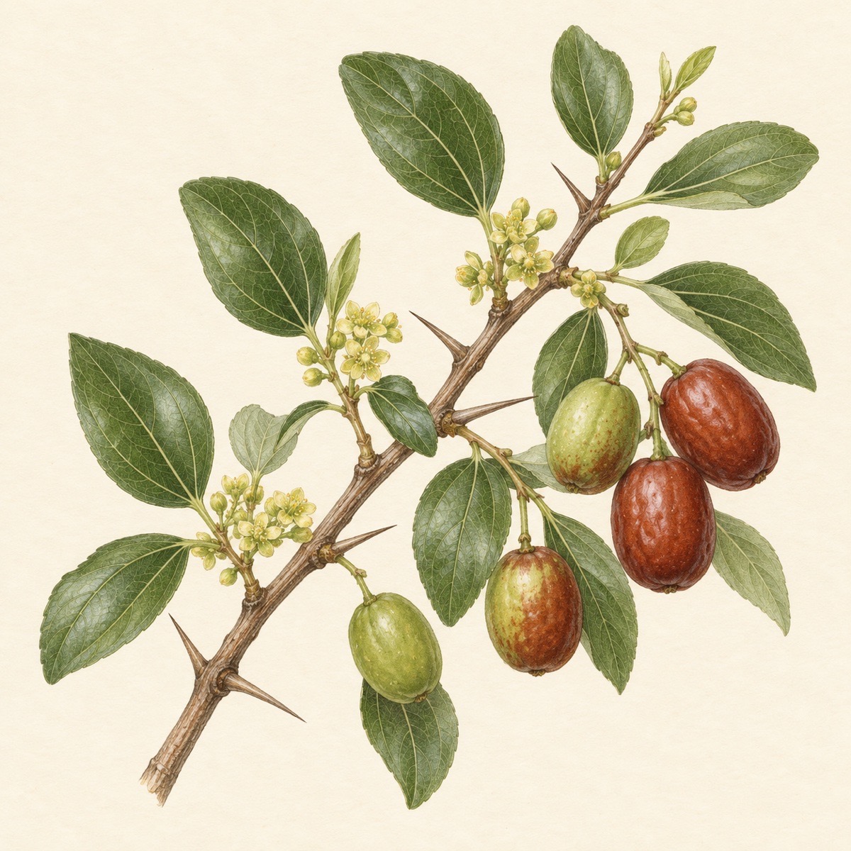 Pencil botanical study of Ziziphus jujuba